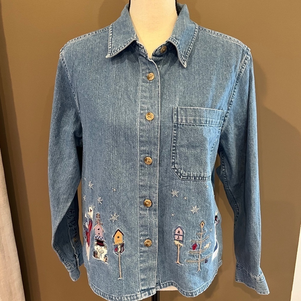 Vintage Christopher & Banks Embroidered Denim Snowman Button-up Shirt, Size Med